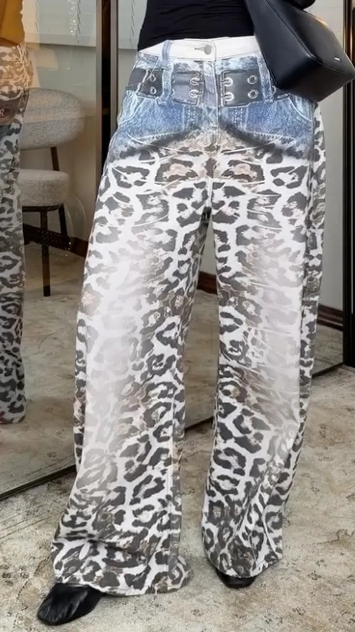 Grey Leopard Print Gradient Wide Leg Jeans