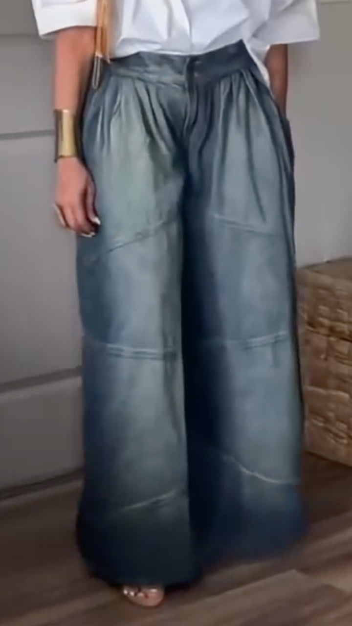 White Oversized Shirt & Denim Wide Leg Pants Set