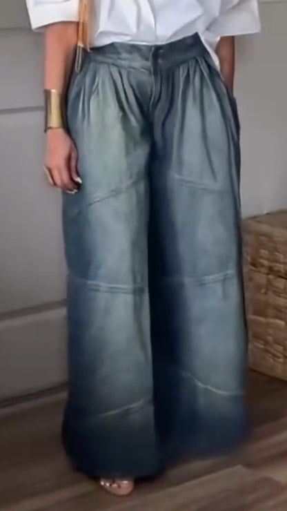 White Oversized Shirt & Denim Wide Leg Pants Set