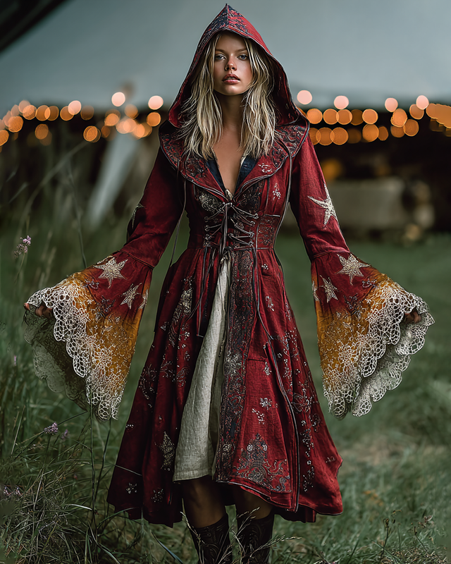 Halloween themed star and moon embroidered lace hooded dress fafd