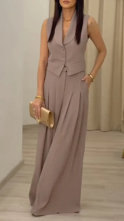 Taupe Pinstripe Sleeveless Vest & High Waist Wide Leg Pants Set