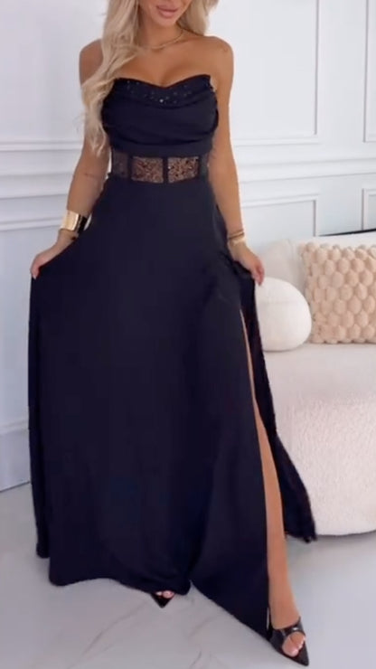 Black Strapless Lace Maxi Dresss
