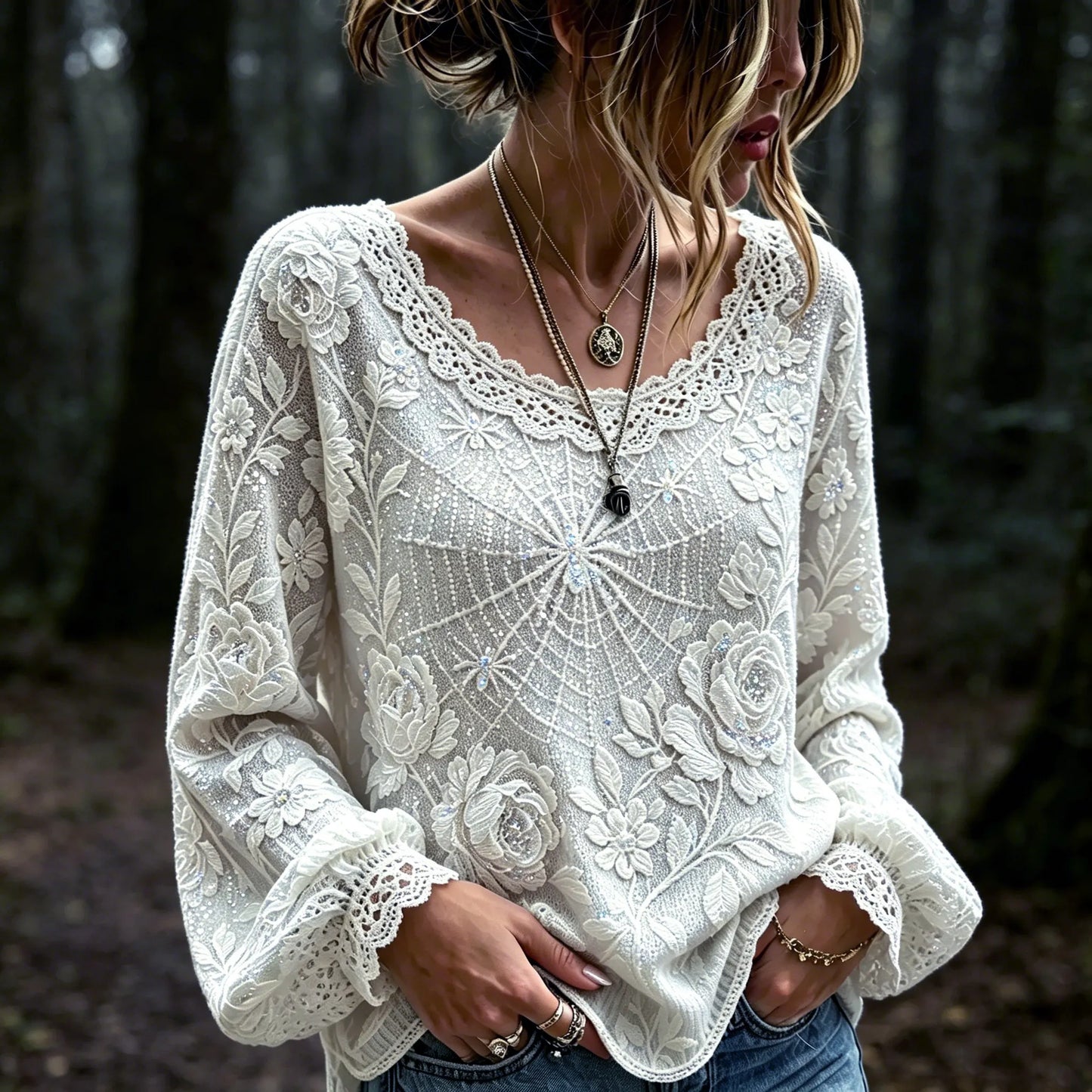 Women's Halloween-themed Spider And Rose Floral Sequin Embroidered Print Top