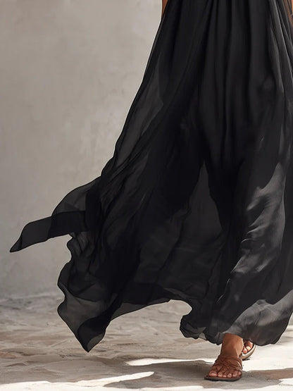 Black Chiffon Halter-neck Pleated Maxi Dress