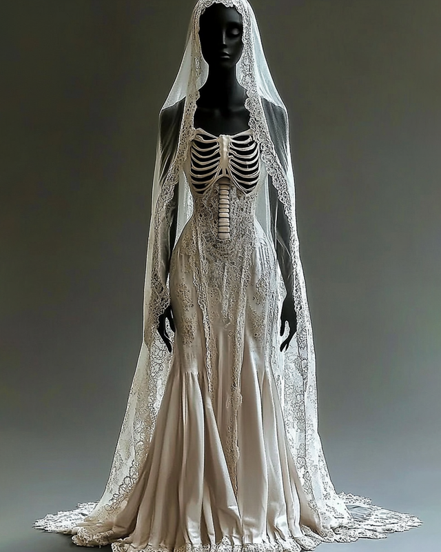 Halloween Themed Skull Embroidered Lace Dress a498