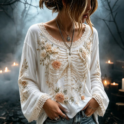 Women's Vintage Skeleton And Floral Pattern Linen Blend Art Long Sleeve T-shirt