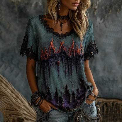 Women's Halloween Flame Horror House Themed Crew Neck T-shirt