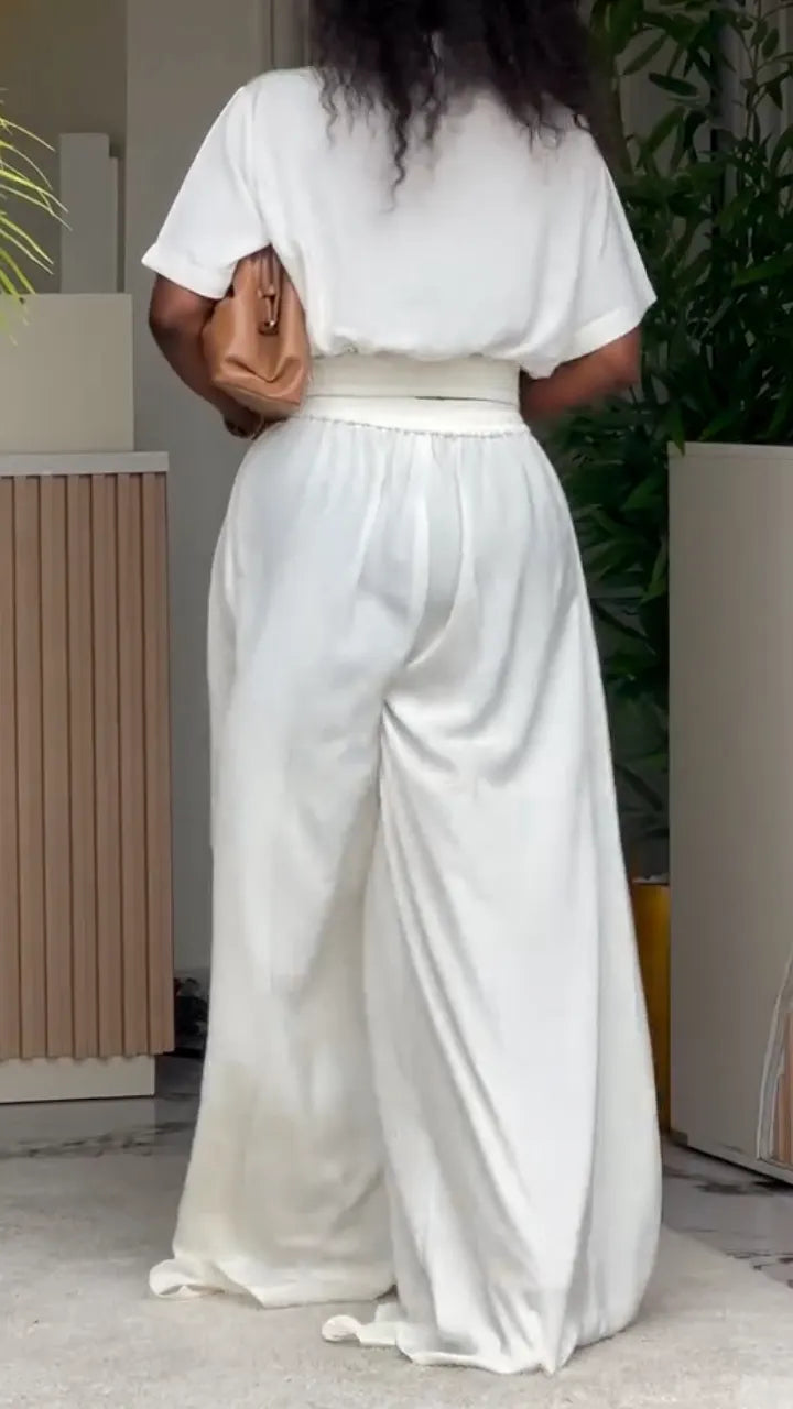 White Satin Cinched-Waist Co-Ord Set