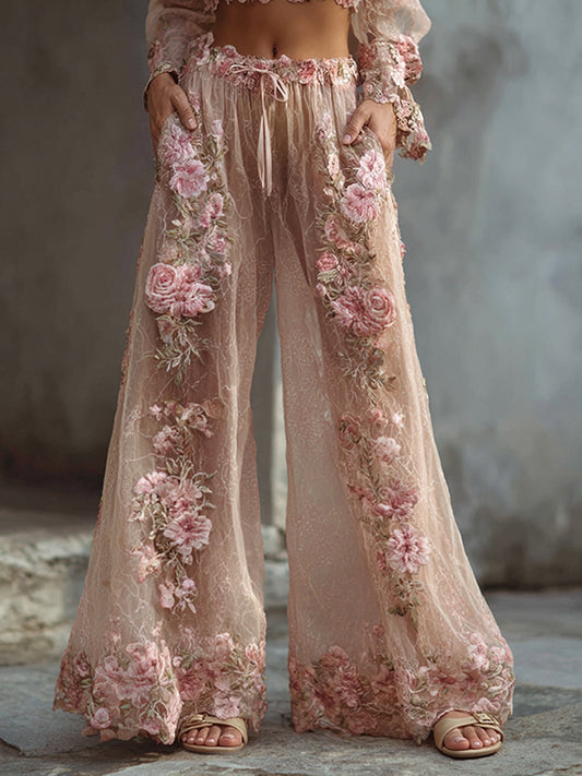 Women's Vintage Floral Embroidered Art Print Flowy Linen Blend Casual Pants