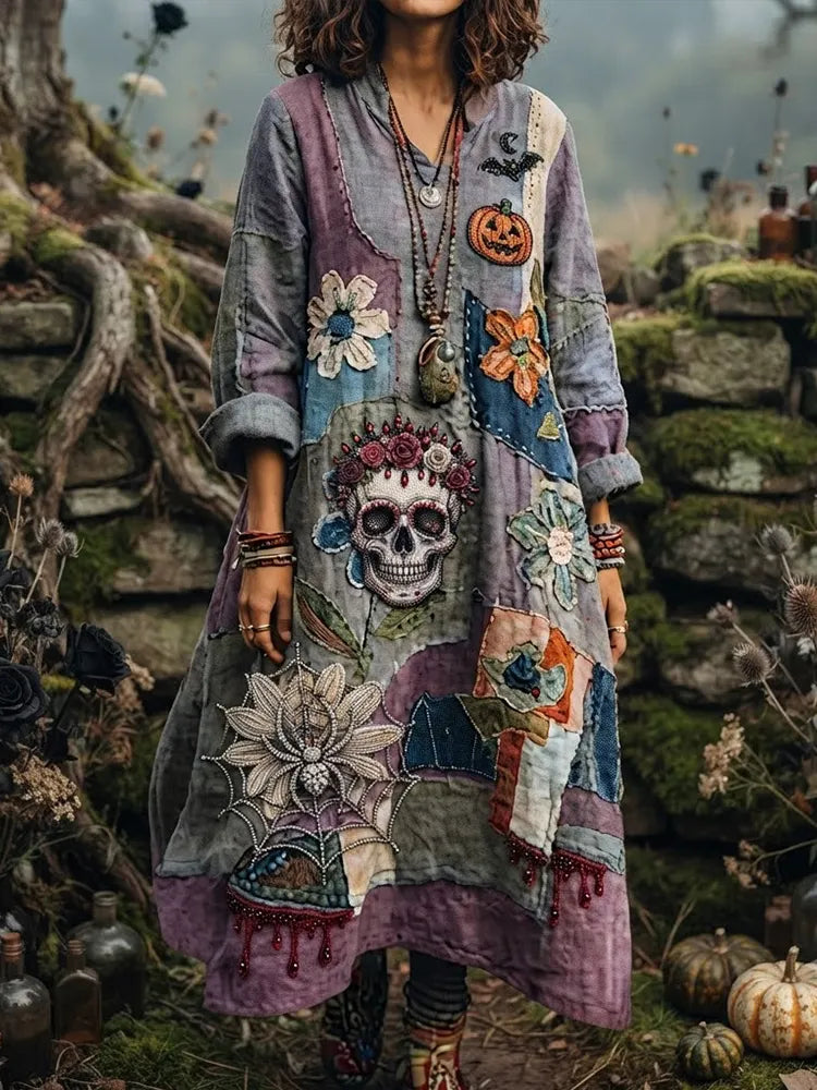 Women's Halloween Gothic Patchwork Skull & Spiderweb Long-sleeve Midi Dress