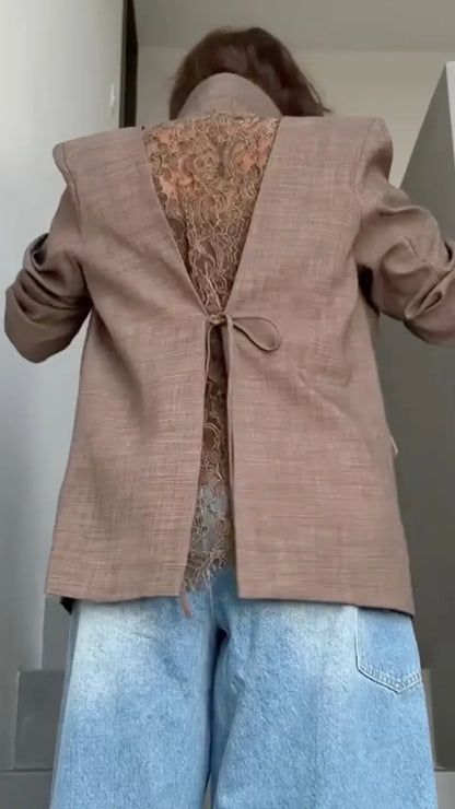 Brown Blazer & Wrap-Front Denim Pants Outfit