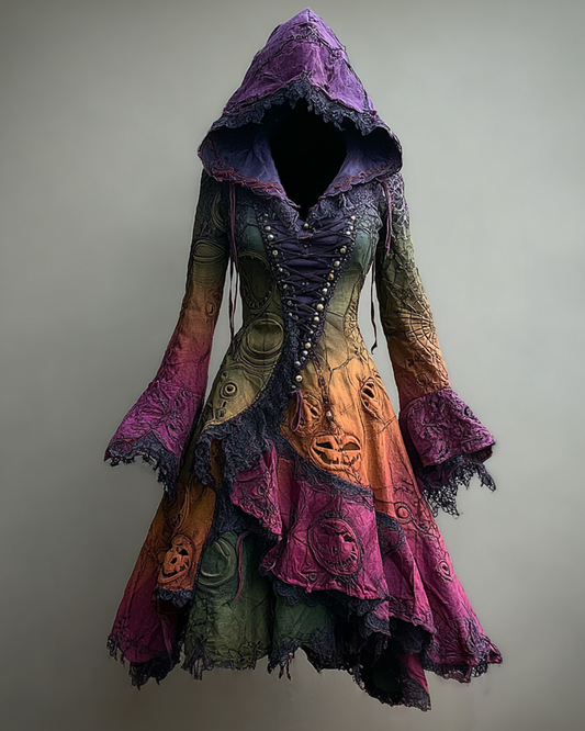 Halloween Themed Irregular Gradient Lace Patchwork Embroidered Hooded Dress 930d
