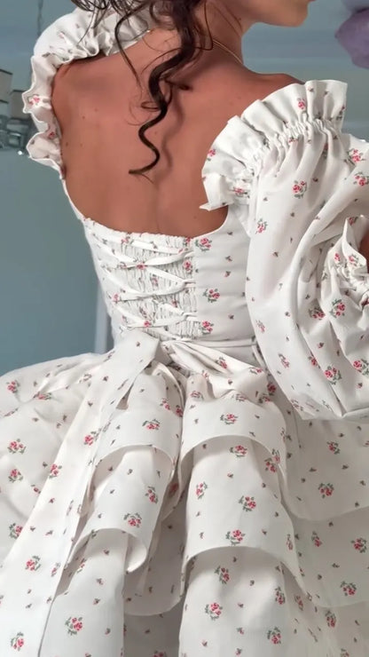 White Floral Print Puff Sleeve Tiered Mini Dress