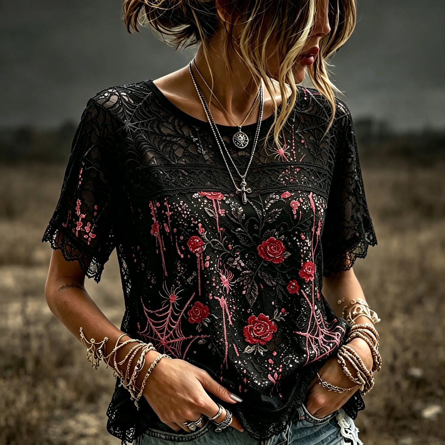 Women's Retro Halloween Style Rose And Spider Embroidery Print Top