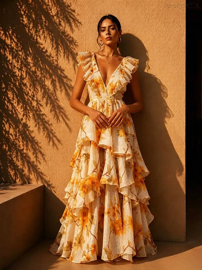 Yellow V Neck Floral Print Ruffle Hem Maxi Dress