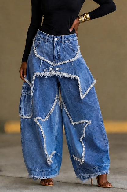 Fringe Rhinestone Star Cargo Wide Leg Jeans