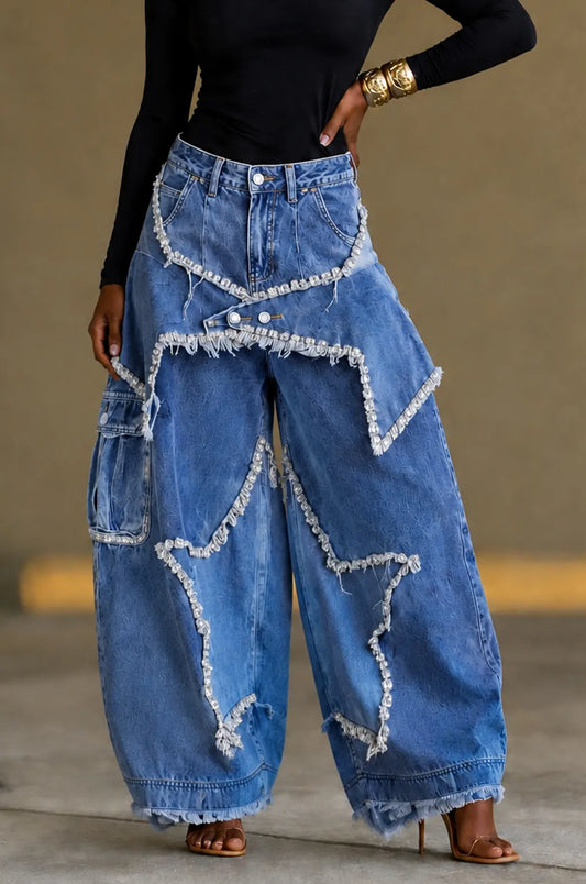 Fringe Rhinestone Star Cargo Wide Leg Jeans