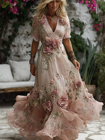 Women's Retro Bohemian Pink Rose Embroidered Art Short Sleeve Midi Dress