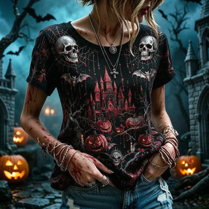 Women's Halloween Spooky Skull, Haunted Castle, And Pumpkin Graphic Print T-shirt