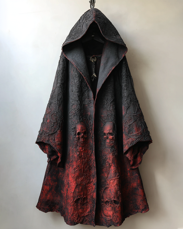 Halloween Themed  Irregular Gradient Skull Embroidered Hooded Cape  bb9a