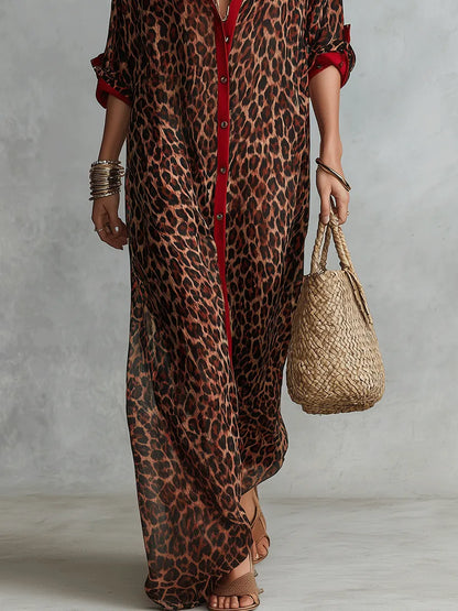 Effortless Glam Sheer Leopard Deep-V Belted Brown Shirt Maxi Dress