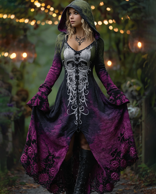 Halloween Gradient Skull Embroidery Knitted Hooded Dress b18e