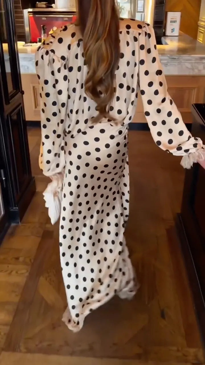 Women's V-Neck Polka Dot Satin Maxi Dress