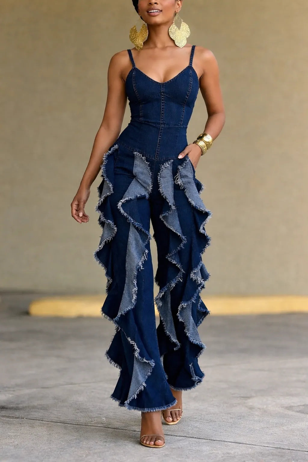 Dark Blue Denim Ruffle Wide Leg Jumpsuit