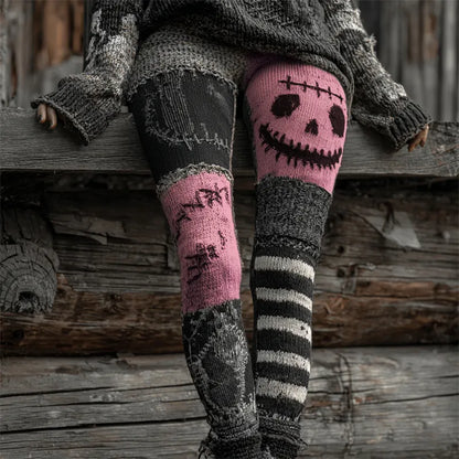 Halloween Stitched Face Contrast Patchwork Cozy Knit Leggings