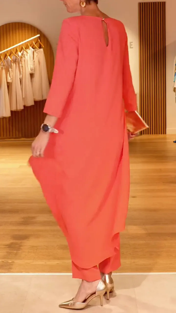 Coral Layered Tunic & Wide Leg Pants Co-Ord Set