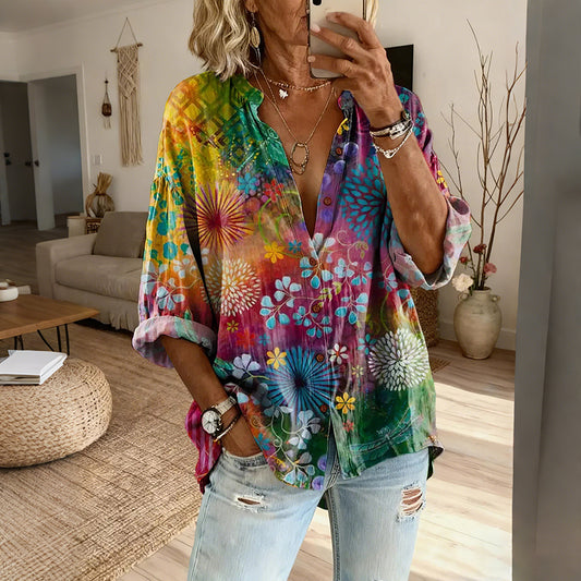 Women's Vintage Colorful Flower Pattern Casual Shirt