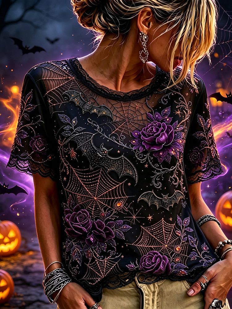Women's Retro Halloween Bat Spider Web Floral Embroidered T-shirt