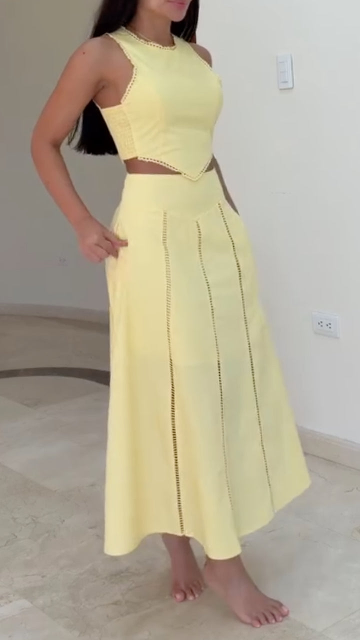 Eyelet Sleeveless Crop Top & Midi Skirt Two Piece Set