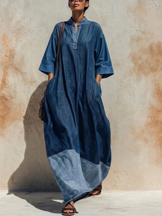 Vintage Resort-style Linen Maxi Dress Featuring A Washed-blue Gradient, Color-blocking, A Stand Collar, A Half-button Placket, Three-quarter Sleeves, And A Paneled Hem Designed For A Flattering, Figure-concealing Fit