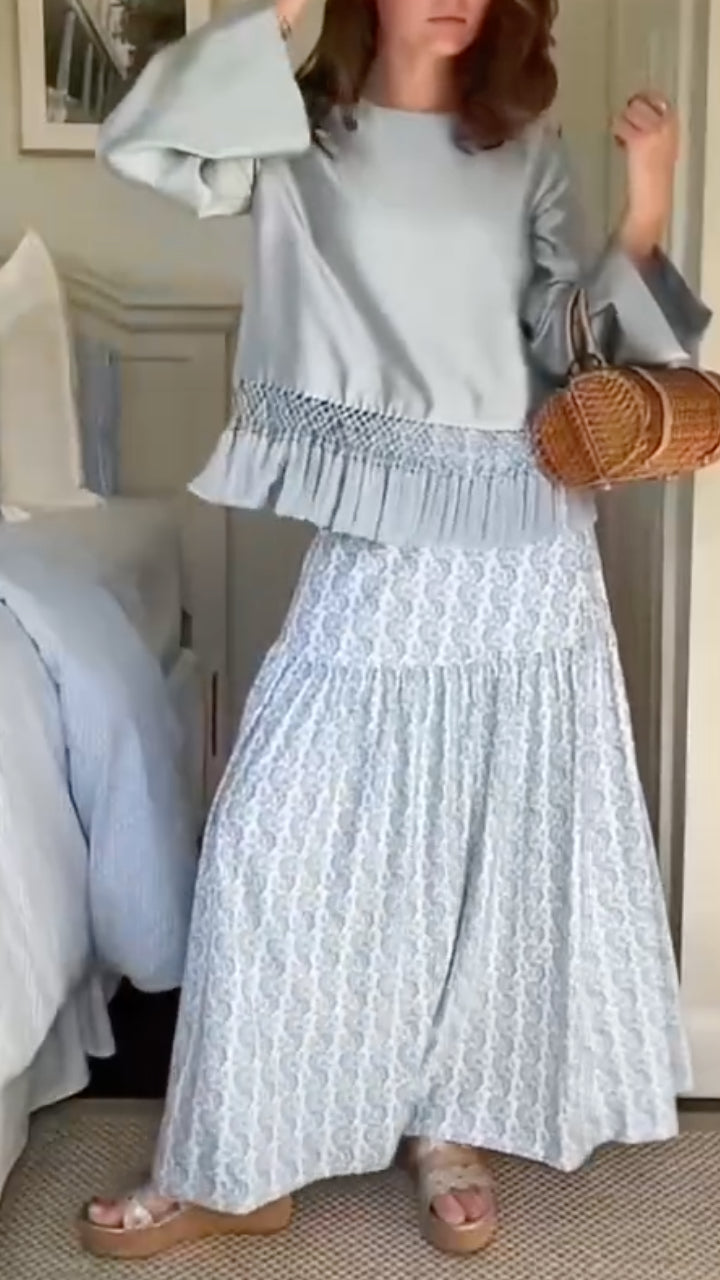 Women's Crew-Neck Satin Top with Tassels + Skirt