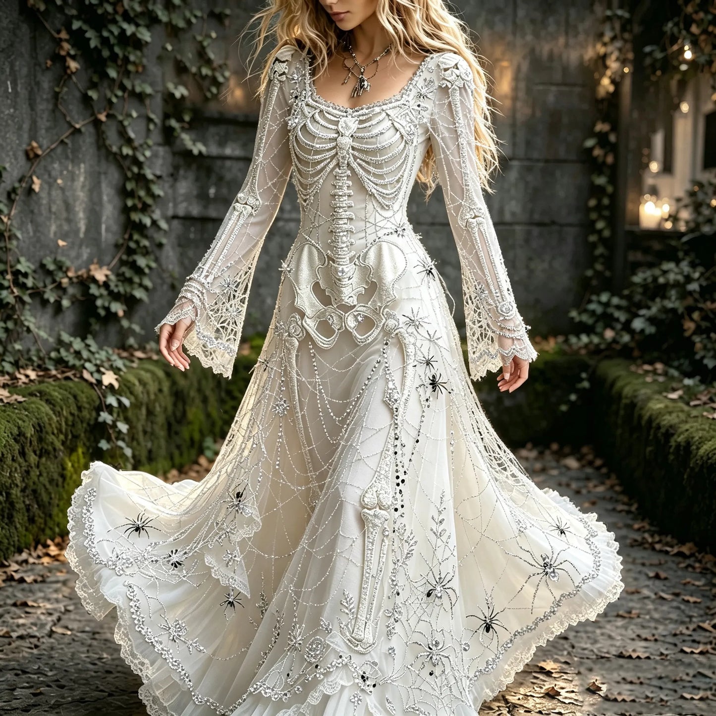 Women's Retro Gothic Spider Web With Skull Pattern Mixi Halloween Dress