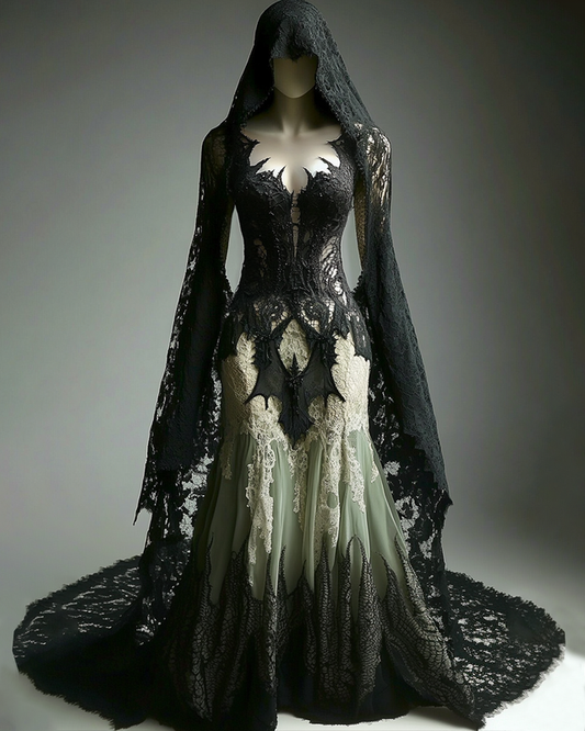 Halloween themed gradient bat lace embroidery patchwork hooded dress e3f4