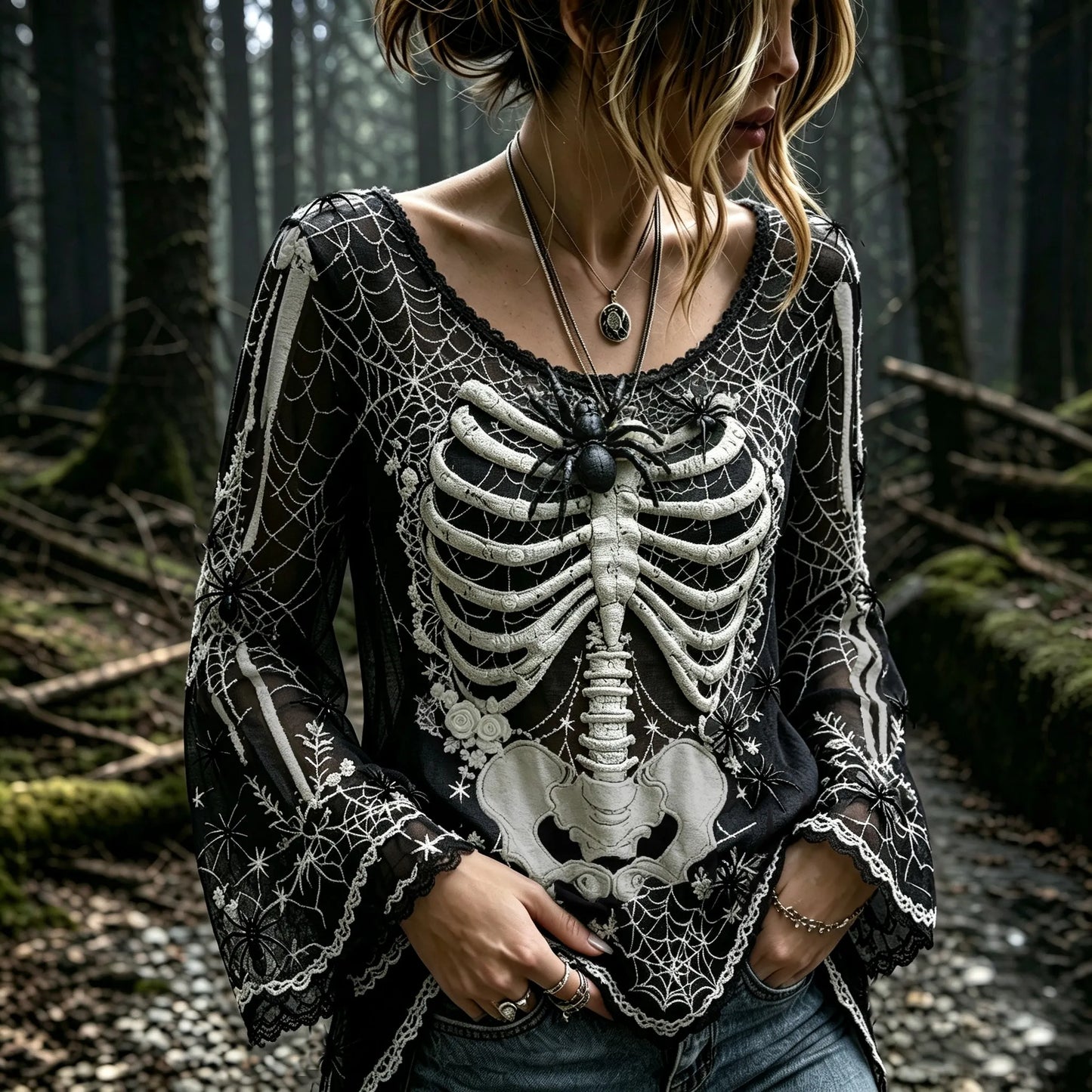 Women's Vintage Gothic Spider Web Human Skeletal And Rose Art Long Sleeve T-shirt