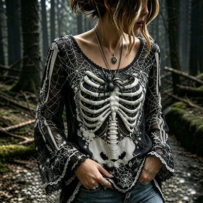 Women's Vintage Gothic Spider Web Human Skeletal And Rose Art Long Sleeve T-shirt