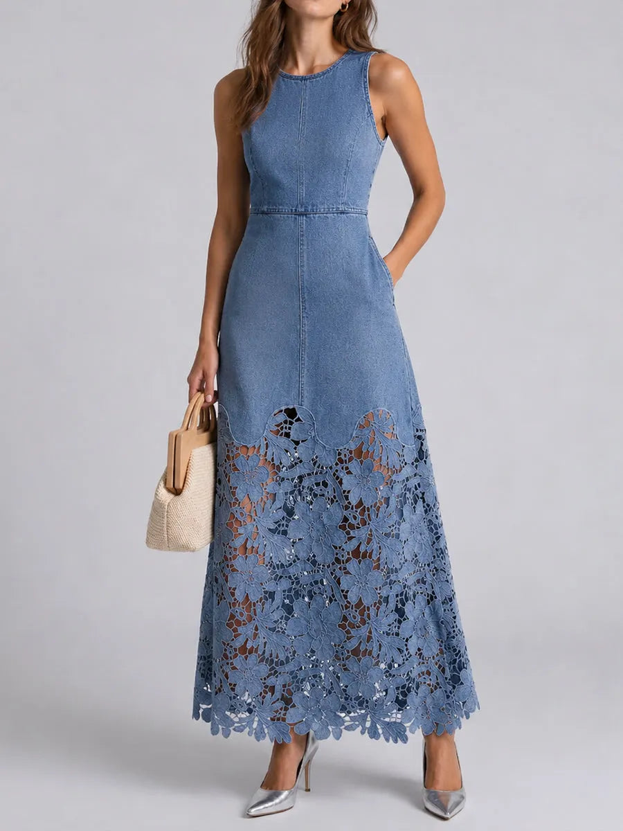 Exquisite, Elegant, And Fitted Patchwork Lace-and-denim Dress