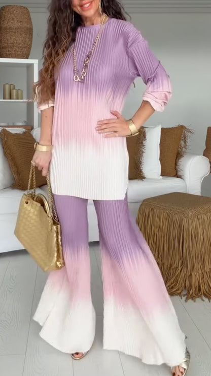 Women's Round Neck Pleated Gradient Casual Suit