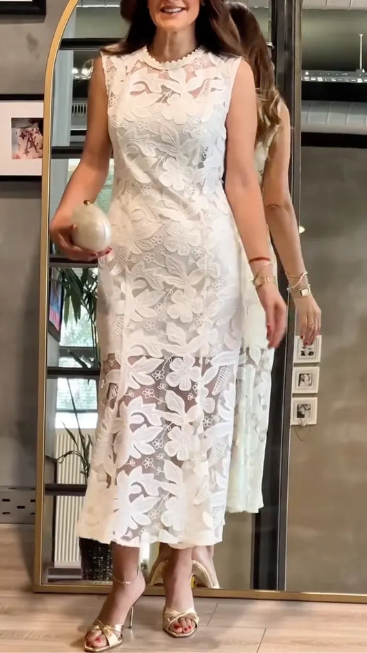 White Floral Lace Midi Dress