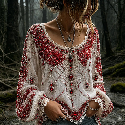 Women's Vintage Halloween Spider And Web Flower Embroidery Art Crew Neck Long Sleeve T-shirt
