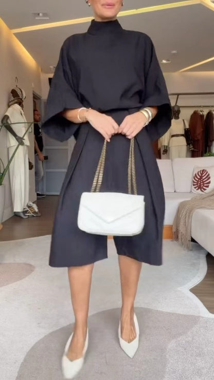 Oversized High Neck Cape Top & Culottes Two-Piece Set