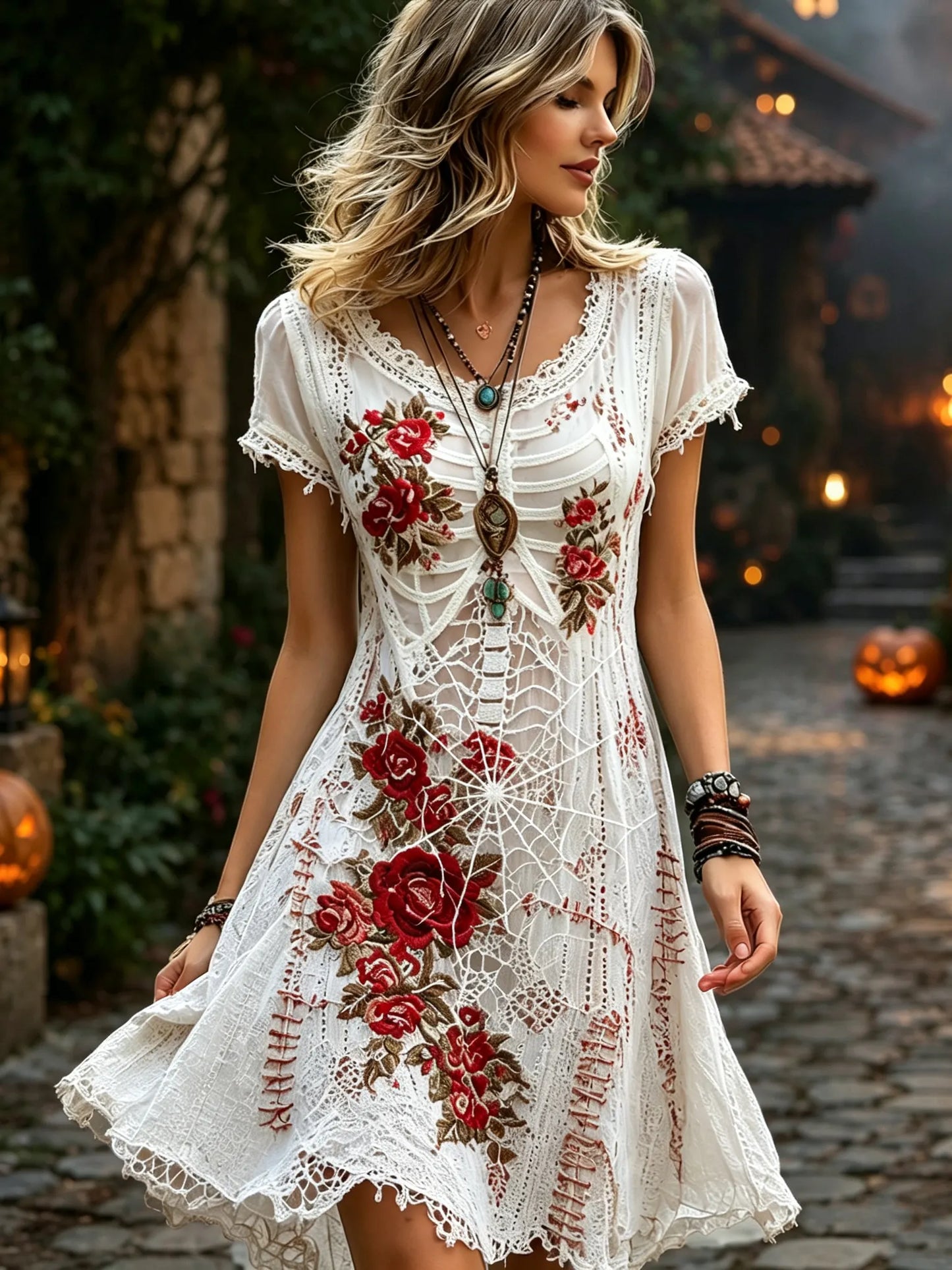 Women's Vintage Halloween Skull And Rose Bloodstained Pattern Casual Dress