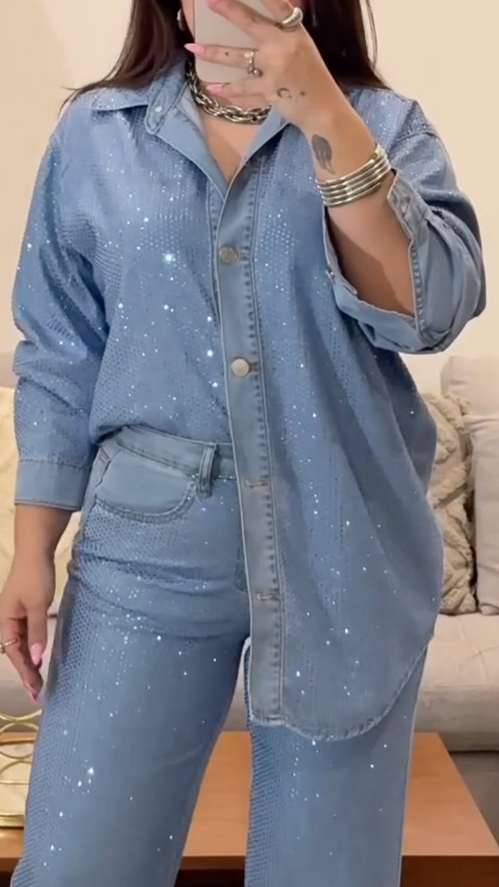 Light Blue Rhinestone Embellished Denim Shirt Wide Leg Pants Set
