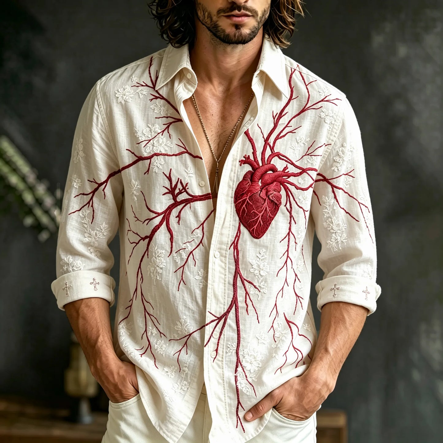 Men's Retro Vampires Classic Floral With Heart Anatomy Art Casual Halloween Shirt
