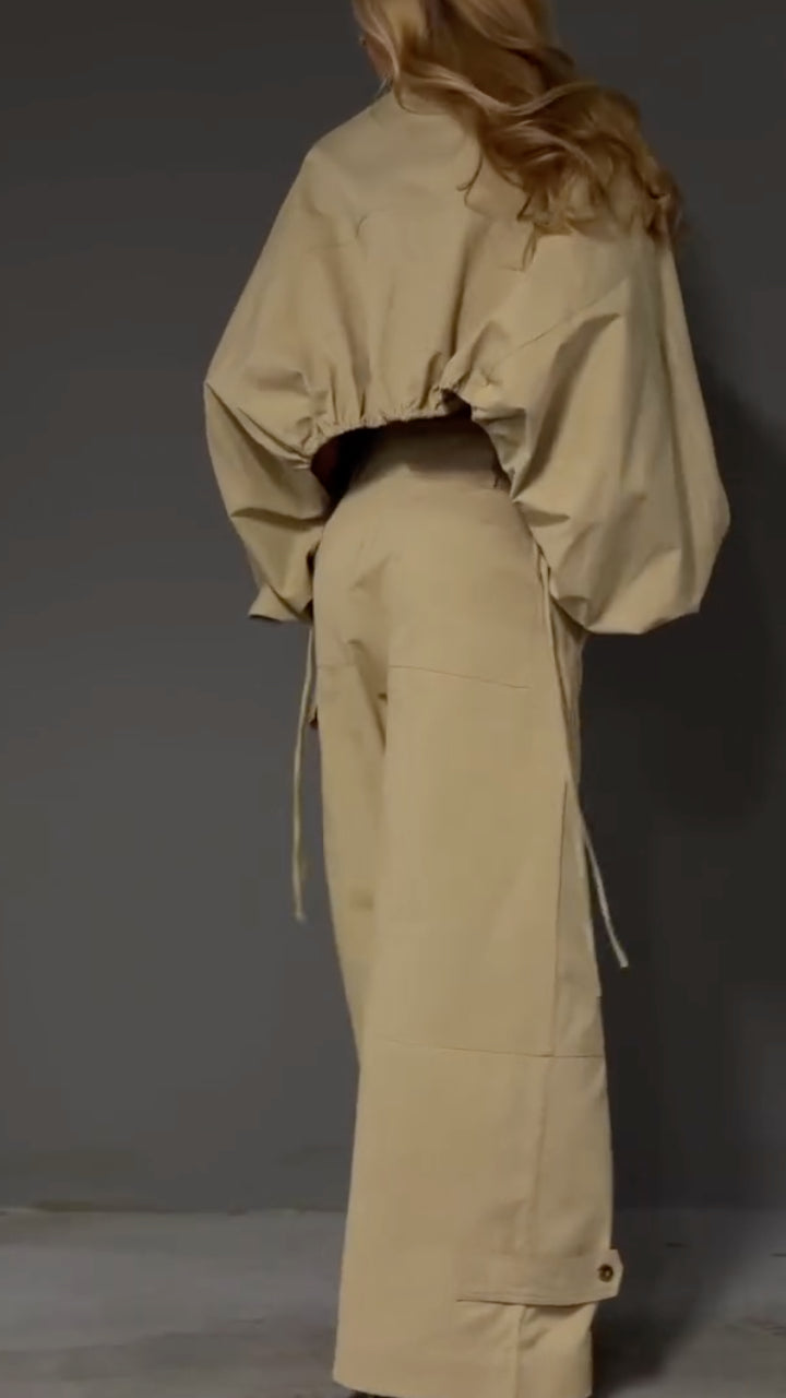 Khaki Workwear Style Cropped Top & Wide-Leg Pants Set