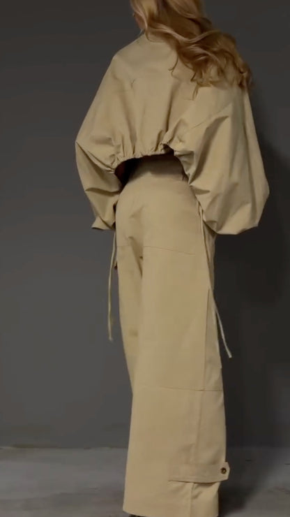 Khaki Workwear Style Cropped Top & Wide-Leg Pants Set
