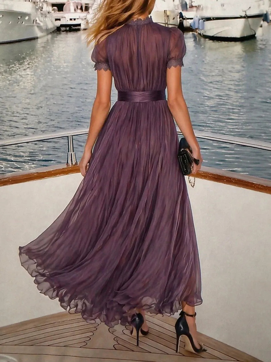 Purple Keyhole Neckline Chiffon Lace Trim Maxi Dress